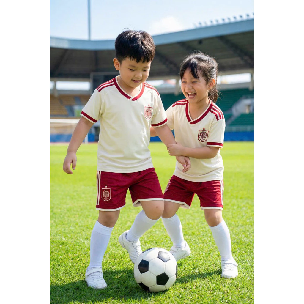 Bộ Quần Áo Đá Banh Tây Ban Nha Kem Đỏ Trẻ Em (Nhận In Tên Số) Thun Mè Cao Cấp Logo Thêu Kids Top Sport