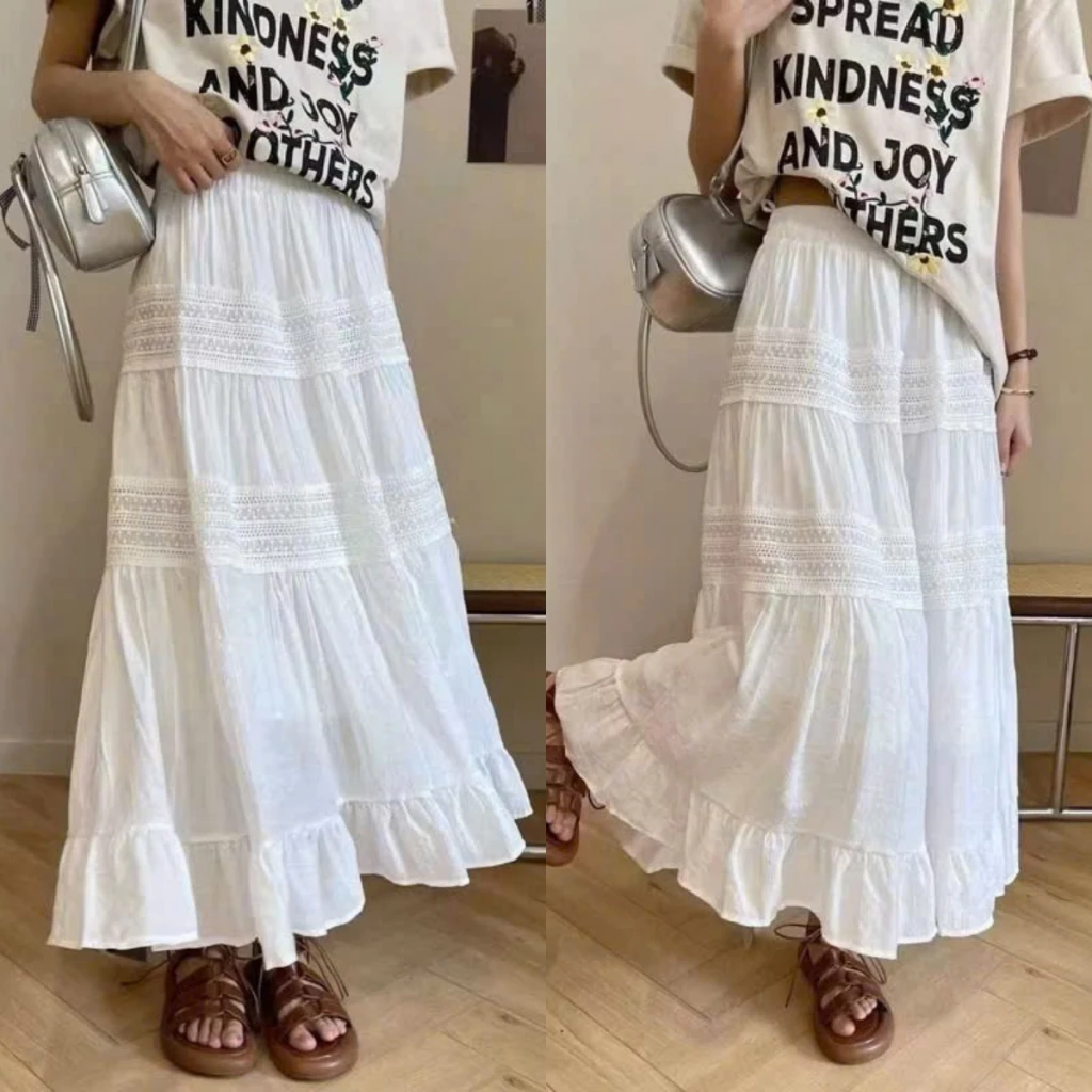 Chân váy midi chất tơ 2 tầng ren dáng xòe viền bèo, váy dáng dài cạp chun Renee Store - V465