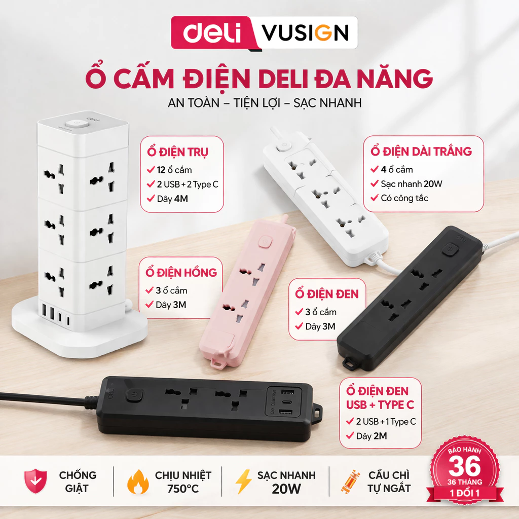 [HỎA TỐC] Ổ Cắm Điện DELI Chống Giật - Cháy 2-12 Lỗ Cắm Có Cầu Chì Công Suất 2500W Có Cổng TypeC USB