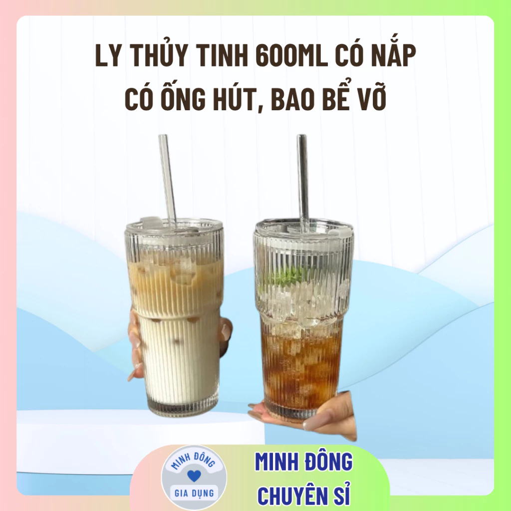 Ly thủy tinh 600ml có nắp + ống hút  sang trọng , Cốc uống nước giữ lạnh đẹp – kèm ống hút