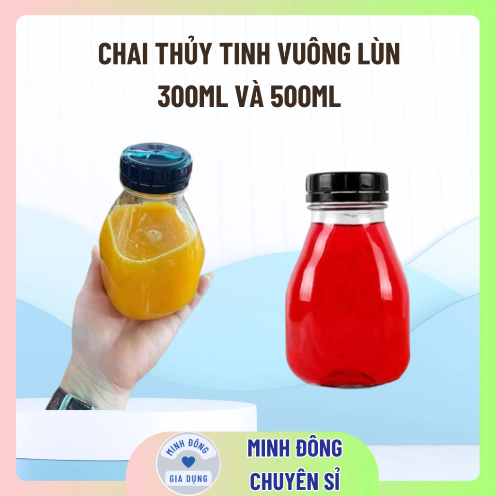 Chai thuỷ tinh vuông dáng lùn miệng rộng đựng nước ép , sữa hạt tiện lợi 300, 500ml