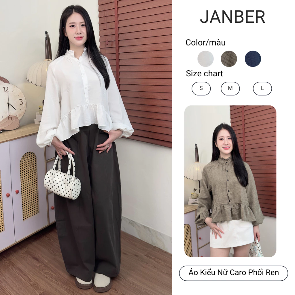 Áo BabyDoll Linen Nữ Cổ Trụ From Rộng Phối Bèo Janber
