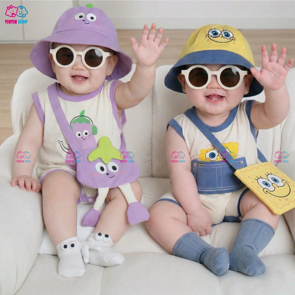 Sét Body đùi ba lỗ kèm mũ, túi đeo cho bé trai bé gái sơ sinh Bodysuit liền thân Áo liền quần SLH104