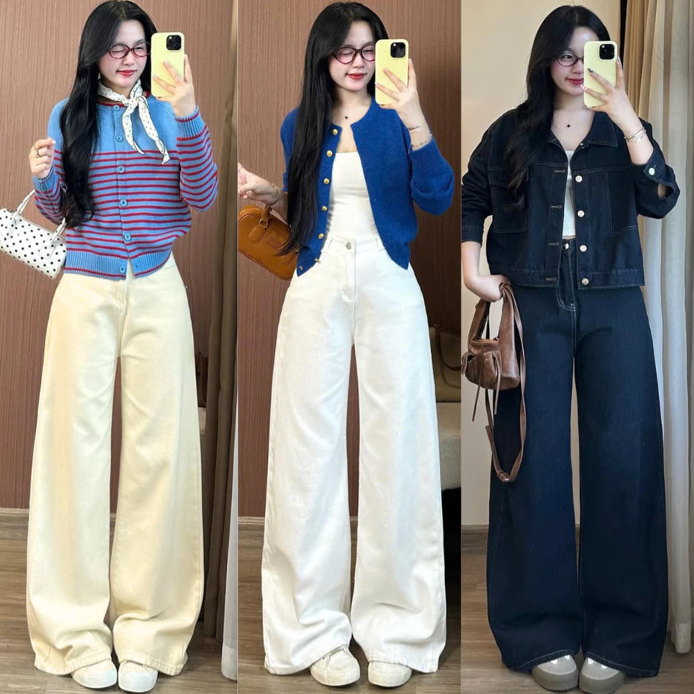 Quần Jean Ống Rộng Trắng Ống 33cm Cạp Cao Siêu Tôn Dáng Cực , Quần Jeans nữ Ống Rộng Loe Màu Trắng Form Rộng Dài