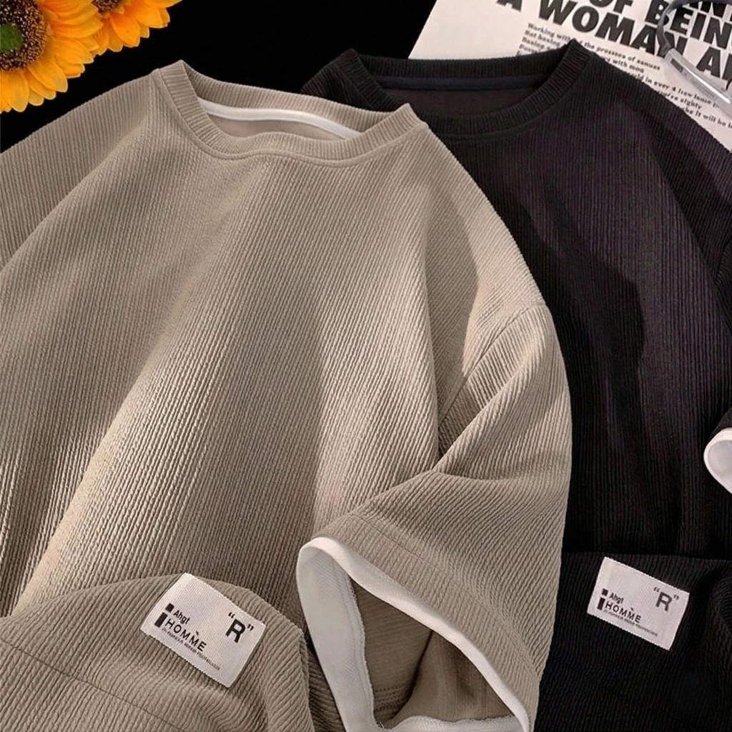 Áo Thun Form Rộng Unisex Nam Nữ Tag CHỮ R Cá Tính Chất Thun Gân Co Giãn, Áo Phông Tay Lỡ Cổ Tròn Phối Viền Layer