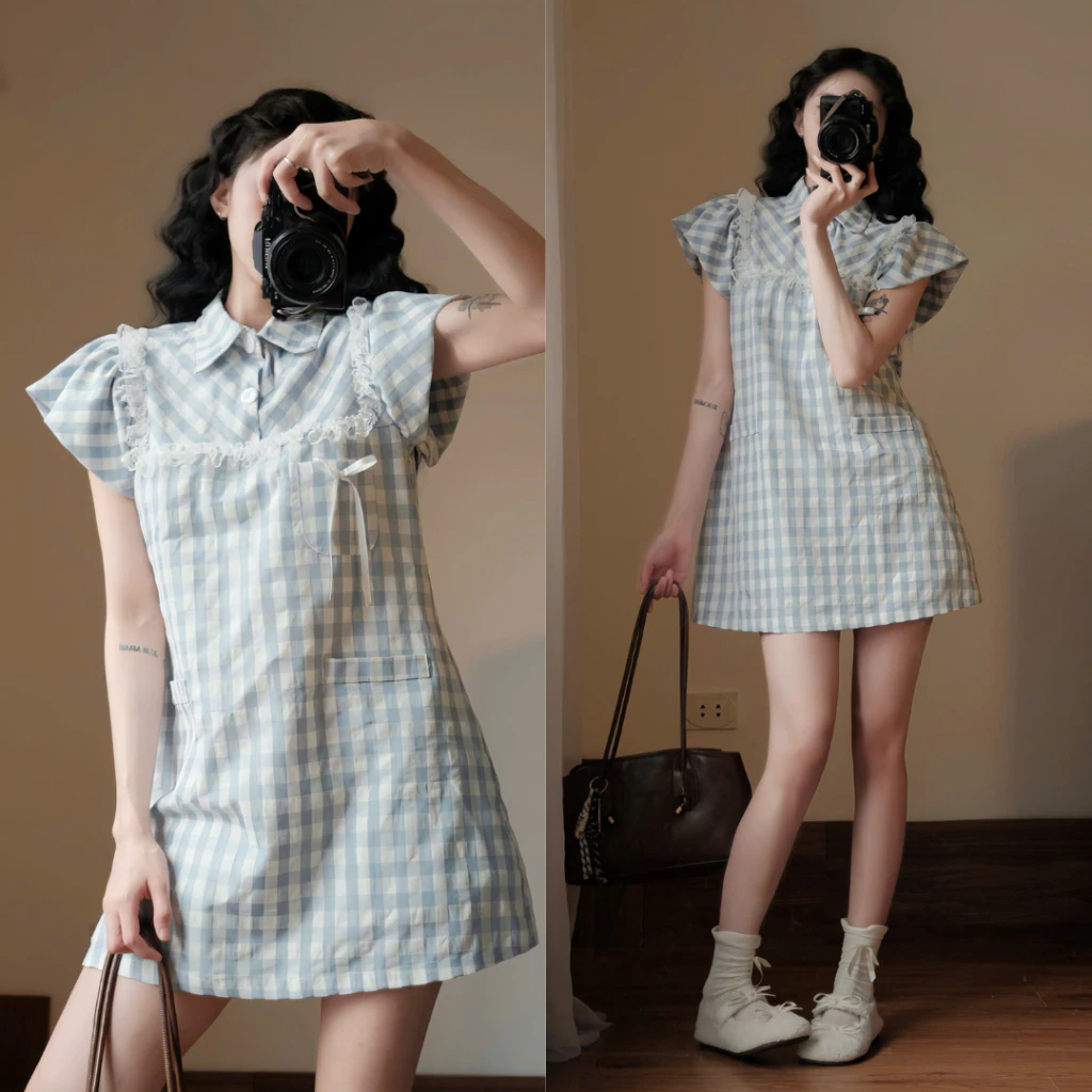 Váy Kẻ Caro Nữ Retrostyle Cổ Sơ Mi Tay Bồng Dáng Suông Thanh Lịch Tiểu Thư Hàn Quốc Form Rộng Dễ Thương Vay1009