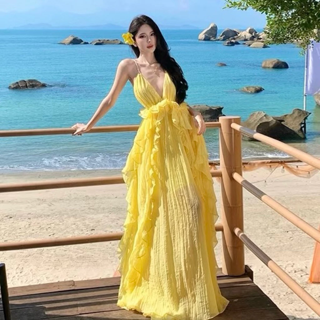 618 - Đầm Maxi Hai Dây Hở Lưng Đi Biển