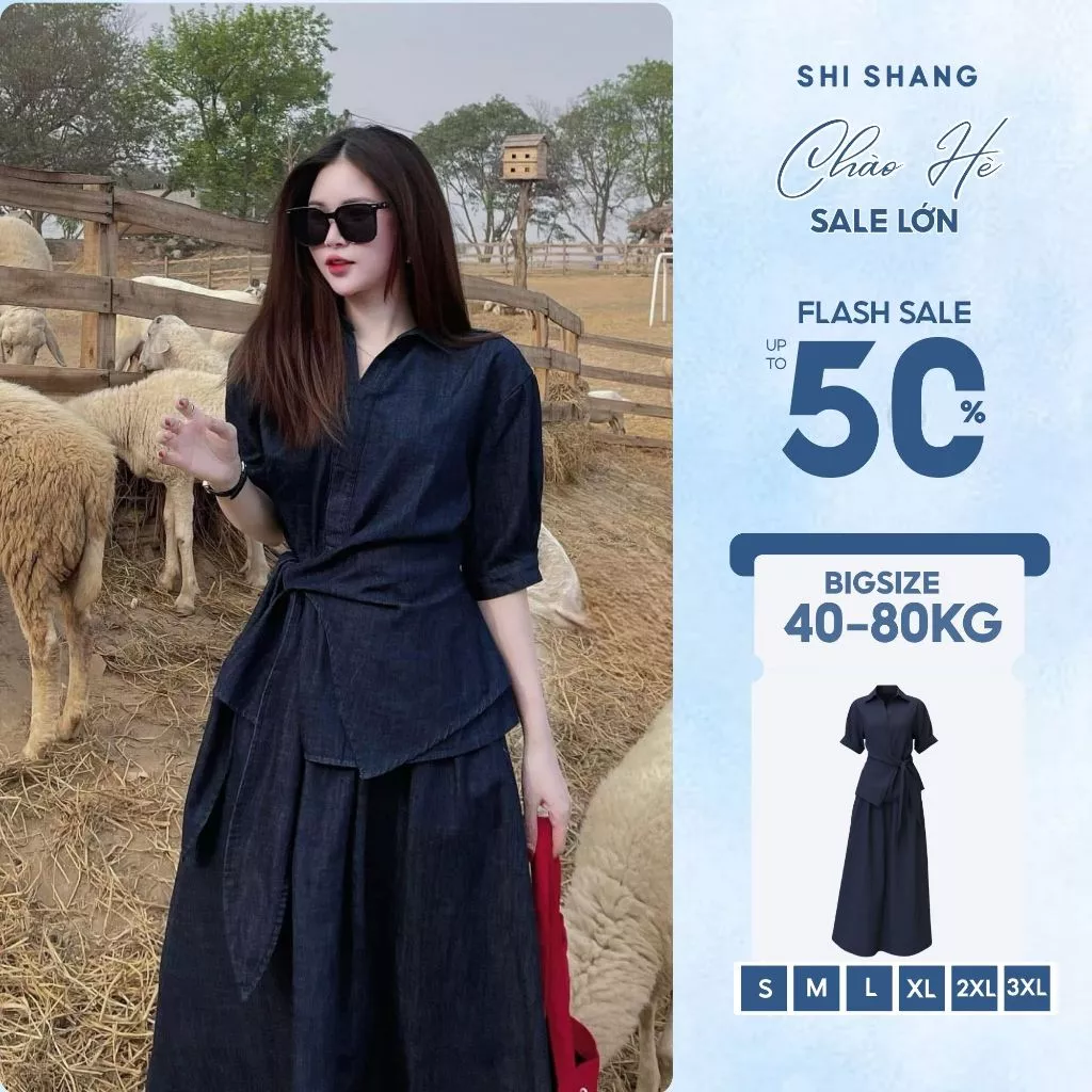 [𝐓𝐡𝐞̂𝐦 𝐦𝐚̀𝐮] Set thiết kế Shi Shang, áo sơ mi buộc nơ eo phối chân váy xoè có Bigsize