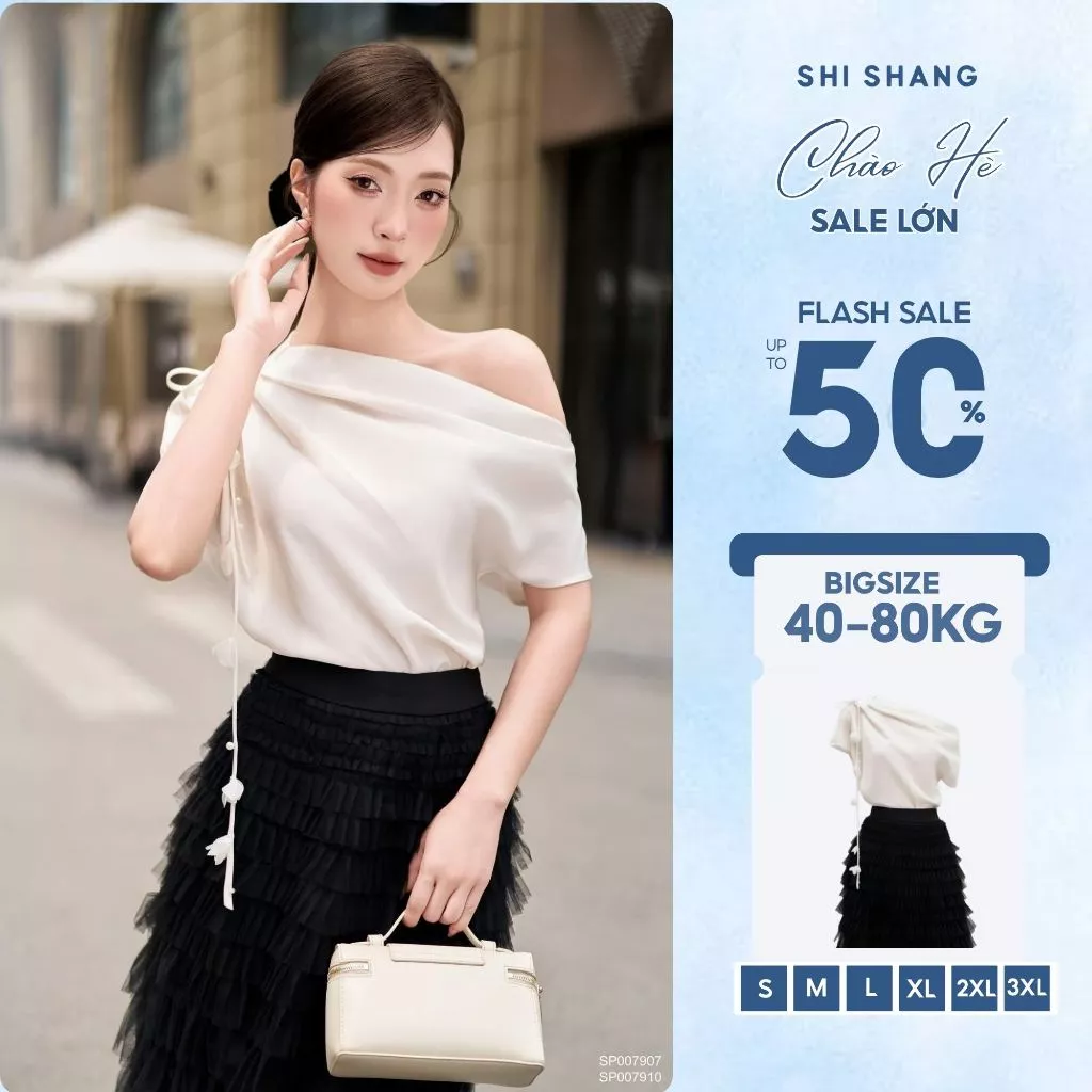 Áo lụa nữ lệch vai, áo nữ thiết kế trễ vai có Bigsize by Shi Shang AKL01