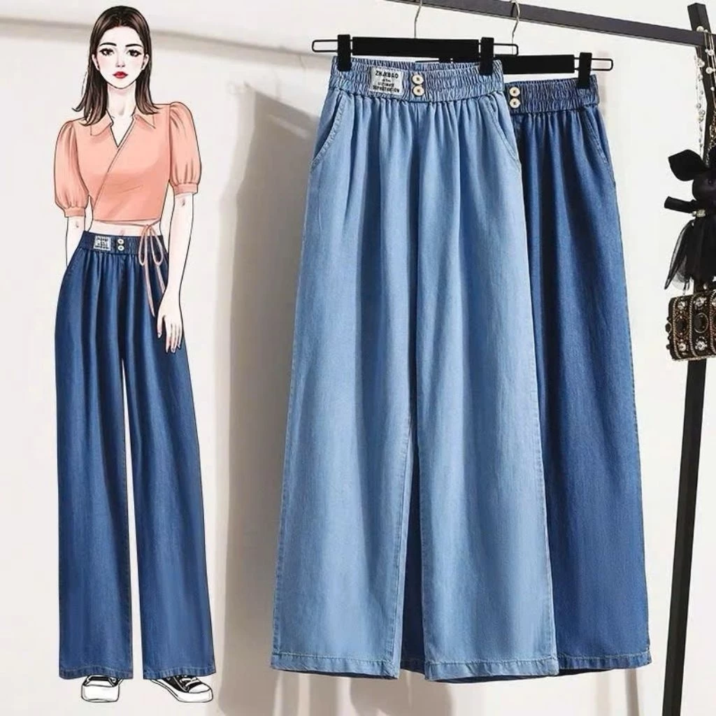 Quần Jean Nữ Ống Suông (ống đứng) Vải Jean Giấy Mềm Mịn Cạp Chun Lưng Cao Phối Khuy Mác Cạp