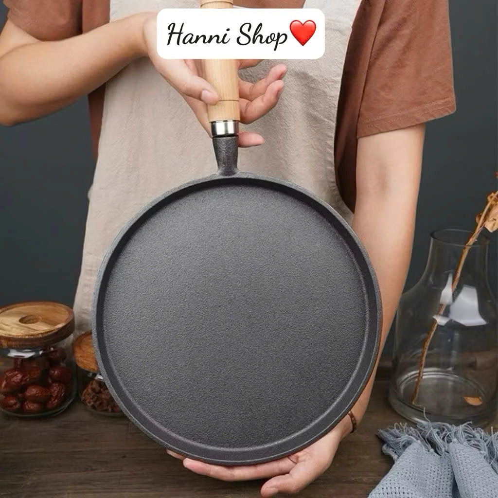 Chảo Gang Chống Dính 20cm,26cm Chảo Làm Bánh Xèo và Rán, Quai Gỗ Cách Nhiệt An Toàn cho Bếp