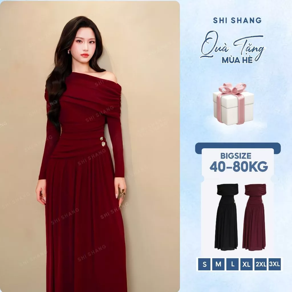 [𝐋𝐨𝐚̣𝐢 𝟏] Đầm Dự Tiệc Lệch Vai Dáng Dài Thiết Kế Bigsize, Váy Trễ Vai Nhún Eo Chất Thun Dệt Kim Thanh Lịch - SH016