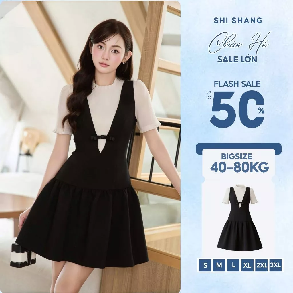 [𝐇𝐨𝐭𝐭𝐫𝐞𝐧𝐝] Váy thiết kế Bigsize Shi Shang, Váy cổ yếm phối tơ dáng ngắn DNC02