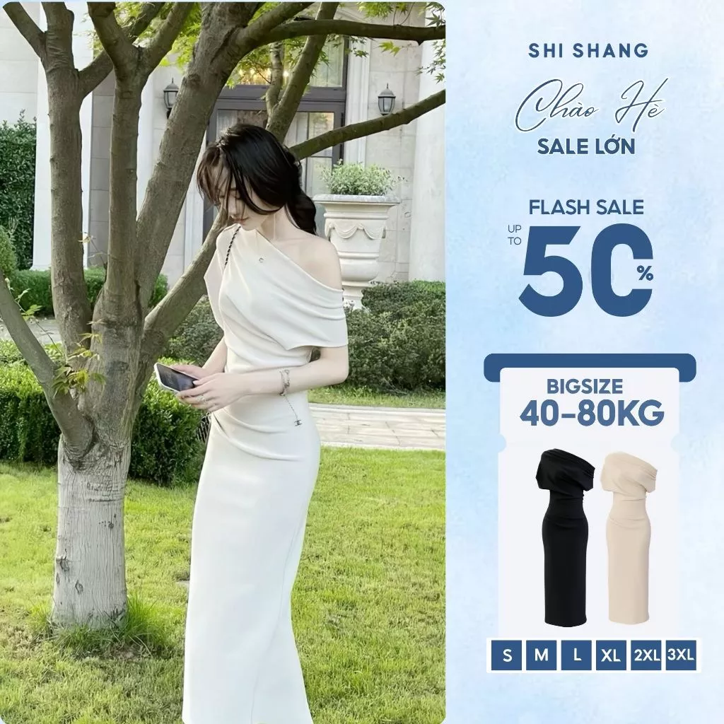 Váy body trễ vai thiết kế BIGSIZE dáng bút chì, đầm dự tiệc sự kiện chất Gold Nhật cách điệu sang chảnh Shi Shang