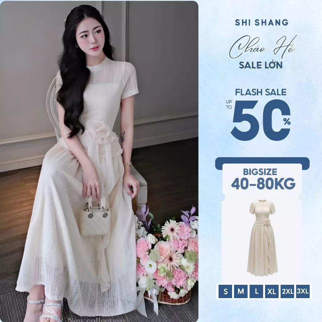 Đầm dự tiệc BIGSIZE Shi Shang, Đầm ren dáng dài đính hoa eo sang chảnh