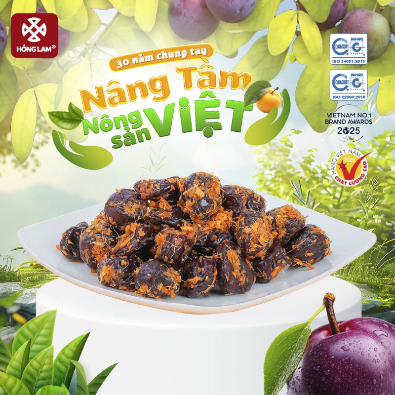Ô mai (xí muội) mận hậu ngũ vị Hồng Lam, dạng hộp và gói. Hương vị chua, cay, mặn ngọt của gừng