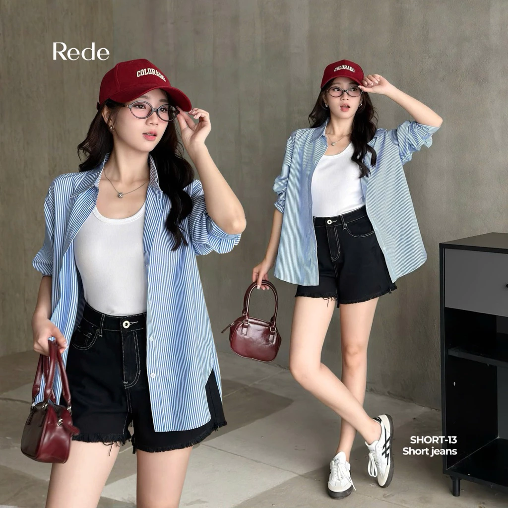 Quần Short Denim Nữ REDE SHORT-13 Ống Rộng Đen Viền Chỉ Trắng Gấu Cắt Lai Cách Điệu Năng Động