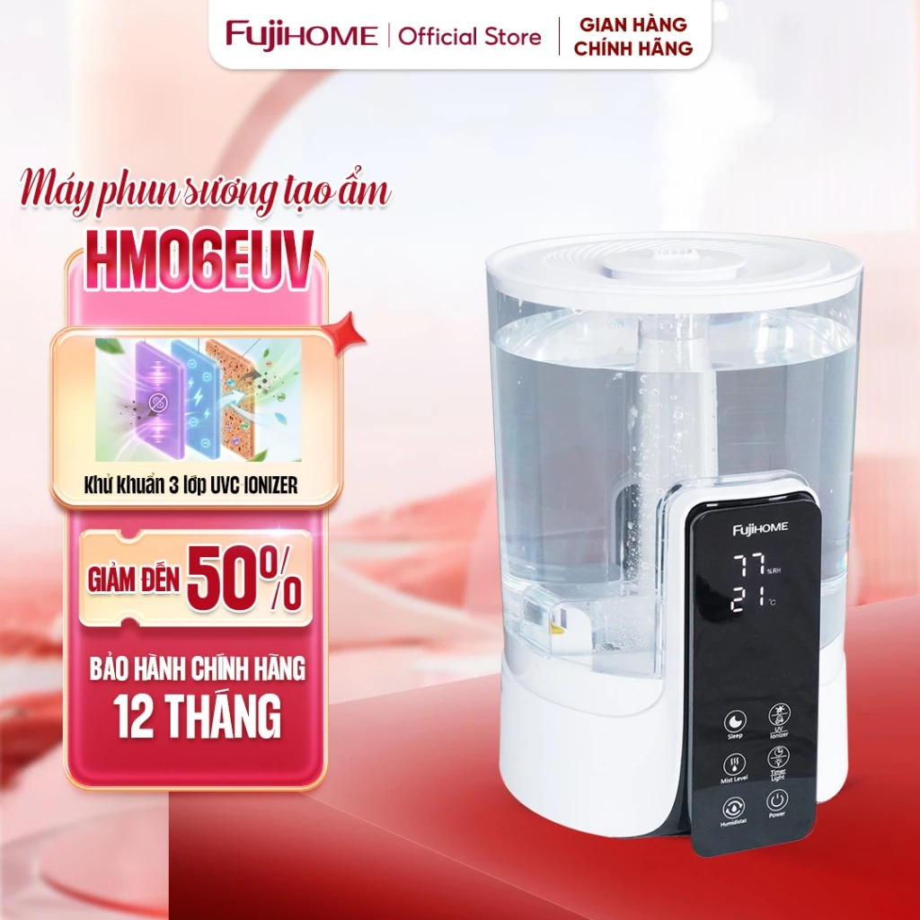 Máy phun sương tạo ẩm 6L Fujihome HM06EUV phun sương siêu âm,UVC Ionizer, máy khuếch tán xông tinh dầu điều khiển từ xa