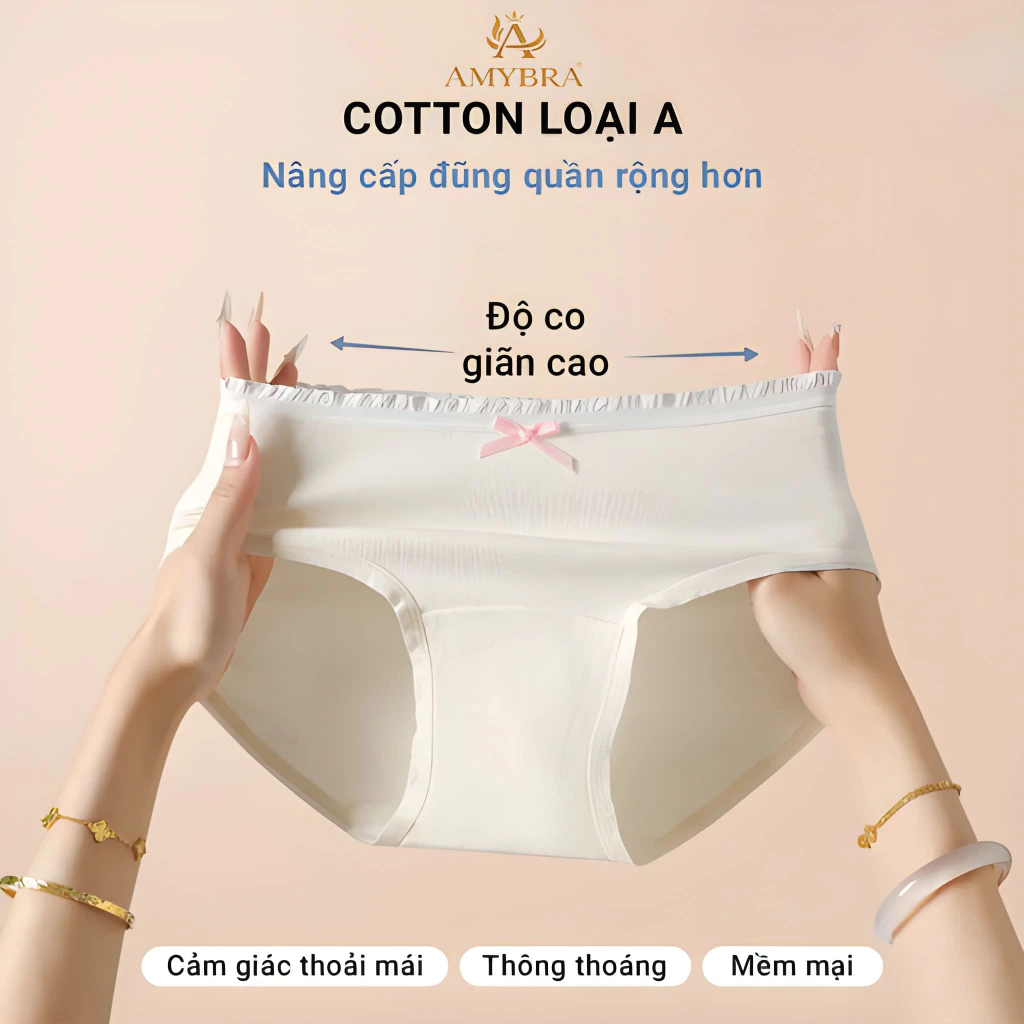 Quần Lót Nữ Cotton Viền Ren Đính Nơ Dễ Thương - Quần Chip Nữ Cạp Vừa Kháng Khuẩn AMYBRA L4119