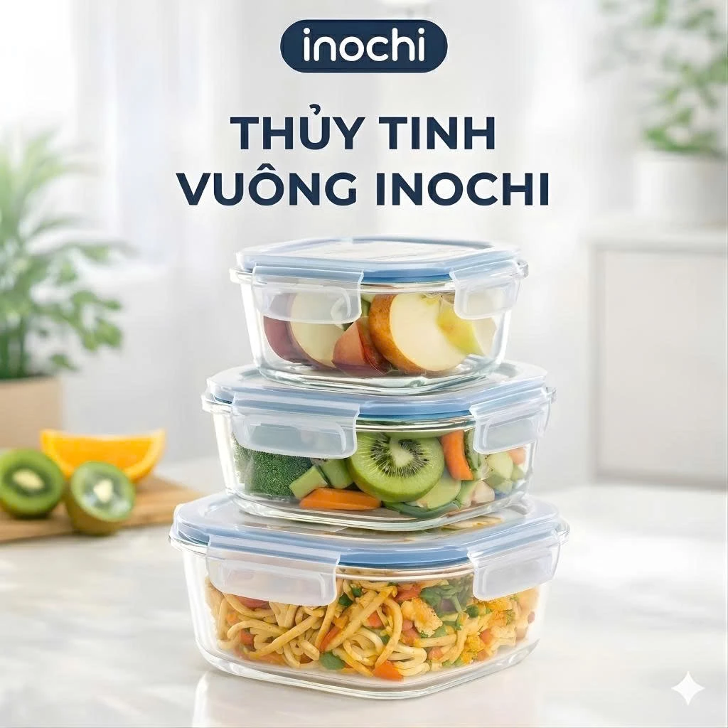 Hộp thuỷ tinh vuông Inochi - Nikko - Đựng thực phẩm, đồ ăn, thức ăn trong ngăn đá, tủ lạnh