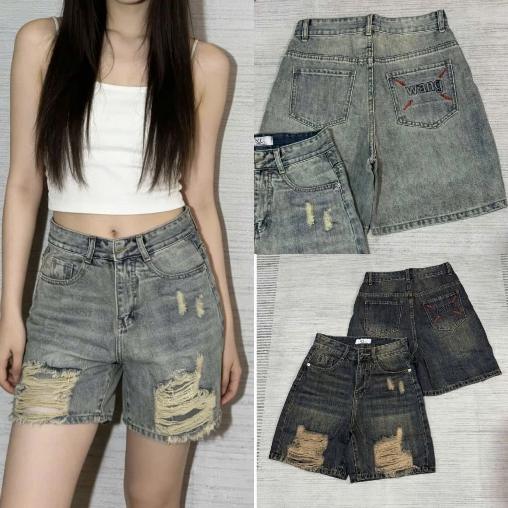 221 - Quần Jean Ngố Nữ Cào Rách, Quần Bò Ngố Thêu Chữ Wang Cá Tính Jean Lưng Cao Dáng Ngố Size S-2XL