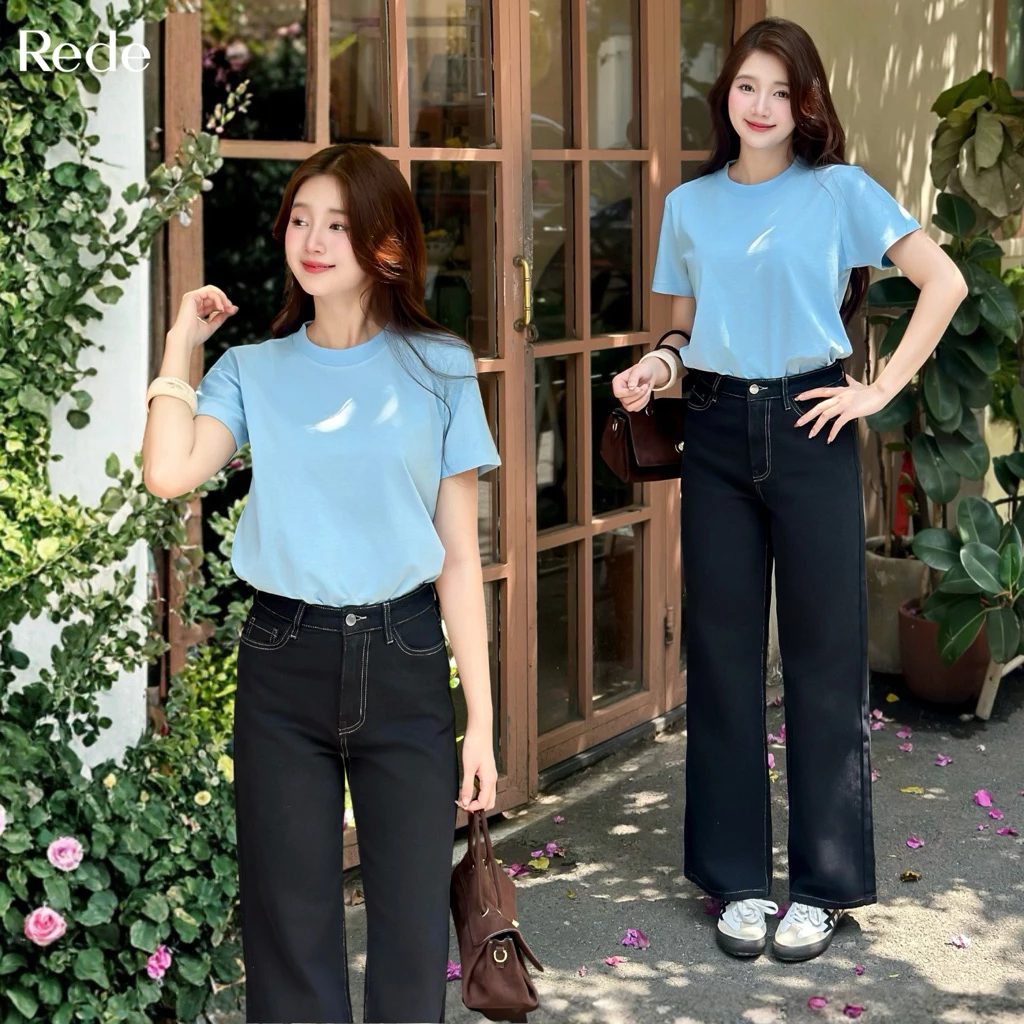Quần Jean Nữ REDE BL-13 Ống Rộng Lưng Cao Dài Trên 100cm, Không Co Giãn, Màu Đen Tuyền