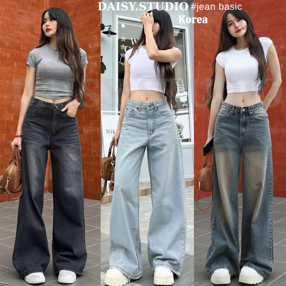 Quần Jean Nữ Ống Suông Rộng Wash Smoke Màu GRIND PRESET Lưng Cao Có BIGSIZE,Quần Bò Nữ Ống Rộng Phong Cách Retro 2025