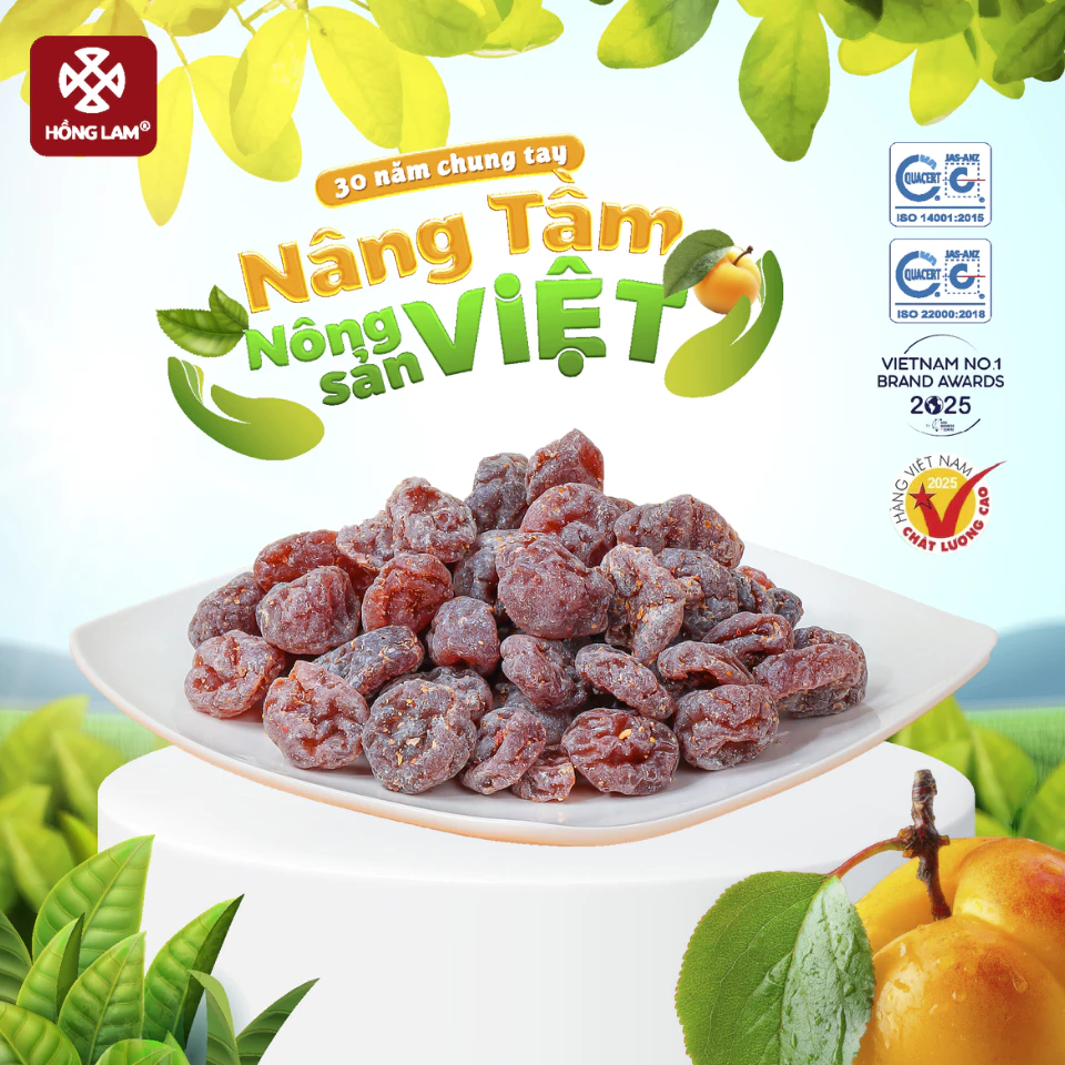 Ô mai (xí muội) mơ Hồng Lam 3, dạng hộp và gói. Có vị chua, cay, mặn ngọt