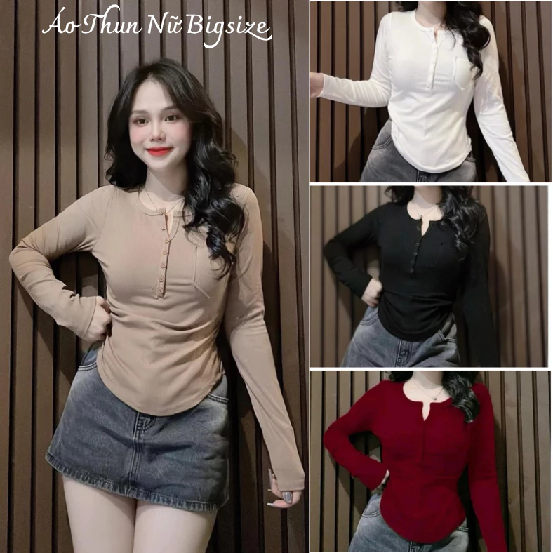 𝘽𝙞𝙜𝙨𝙞𝙯𝙚 Áo Thun Nữ Dài Tay Thiết Kế Khuy Cúc Ngực, Cotton Mịn Êm Ái, Ôm Dáng, Co Giãn Thoải Mái MS024
