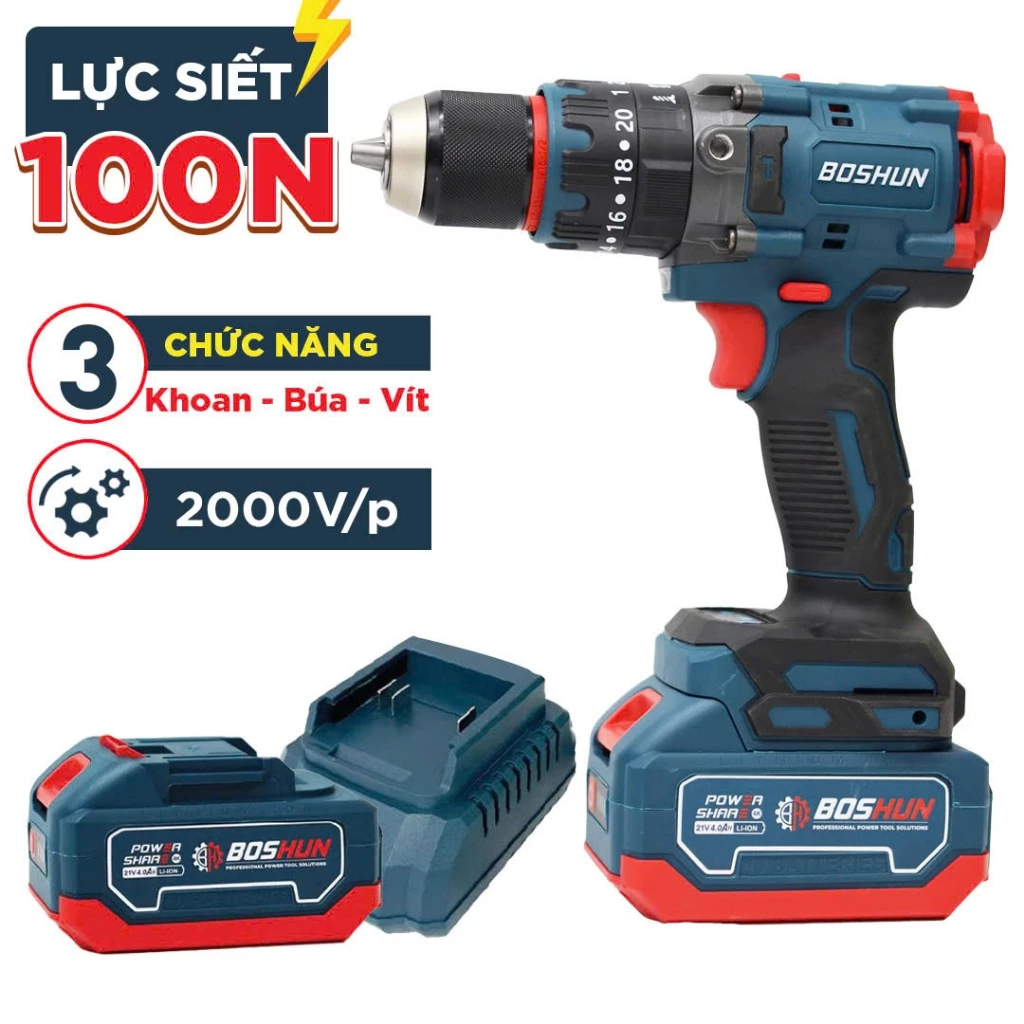 [ MỚI] Máy Khoan Pin Boshun M21B-ID100N – Động Cơ Lõi Đồng, 3 Chức Năng, Pin 21V Dung Lượng Cao - Máy khoan dùng pin
