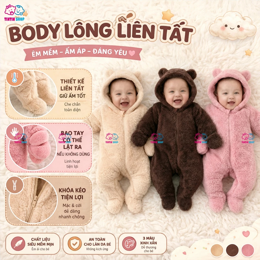 Body liền tất liền bao tay ấm áp Bodysuit lông cừu san hô dài tay Hàng Quảng Châu cho bé trai bé gái mặc mùa đông SLD19