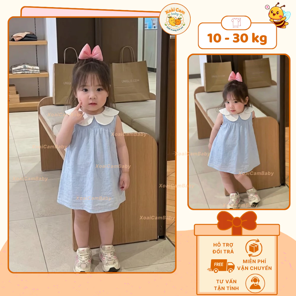 Váy Bé Gái Cổ Sen Xinh Xắn Màu Xanh Pastel, Đầm Công Chúa Cho Bé 1-4 Tuổi, Chất Cotton Mềm Mát Cao Cấp -M22