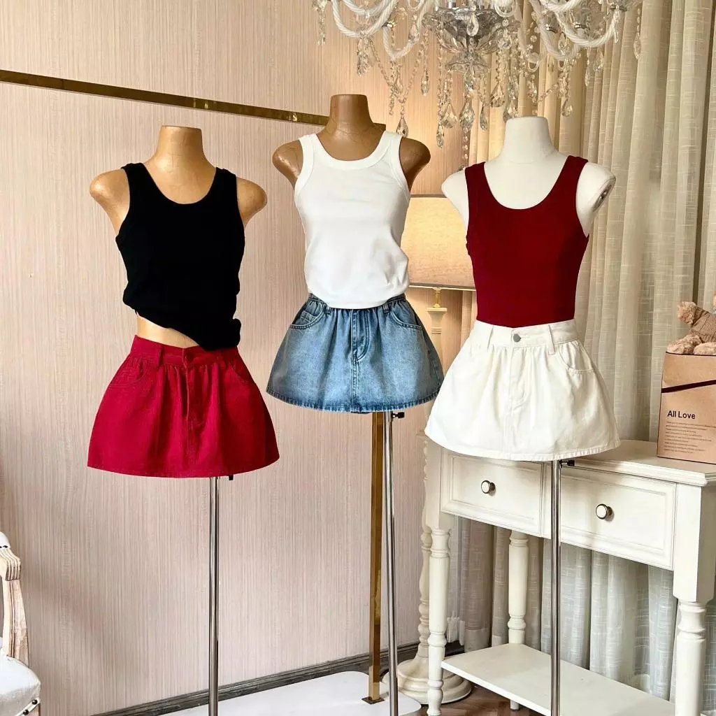 Chân váy jean xòe bồng nhún eo lưng cao chất Denim có lót quần bảo hộ cùng chất mềm mịn dày dặn không xù a228