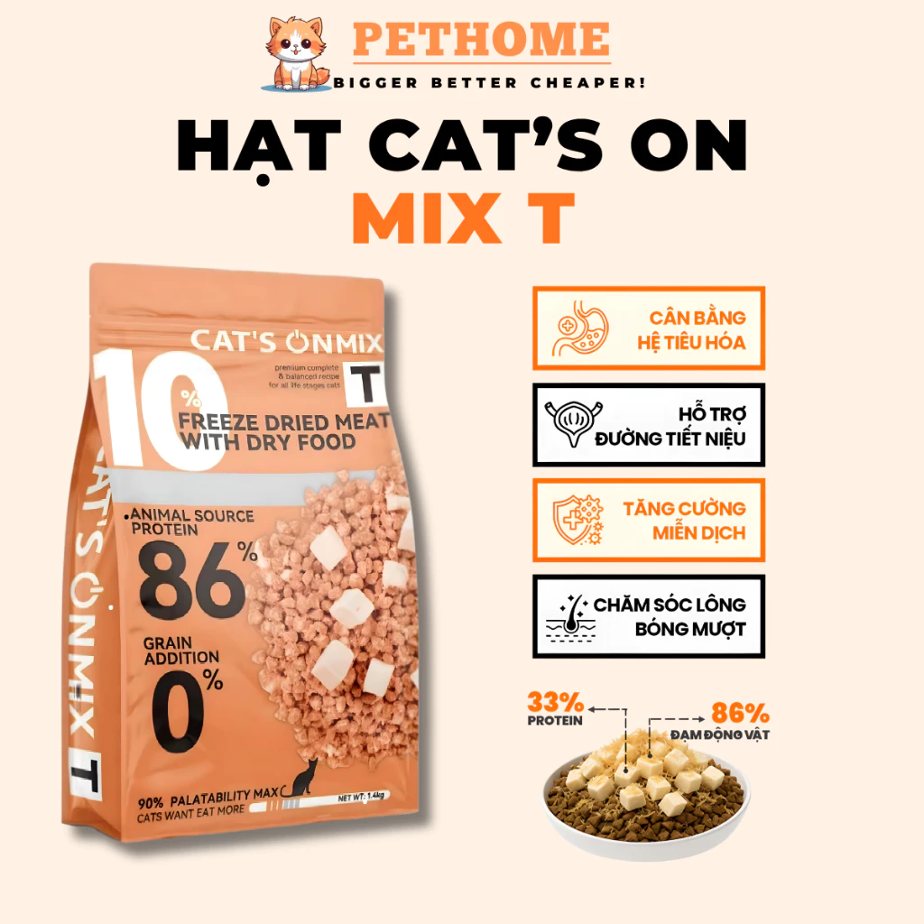 Hạt Cho Mèo CAT'S ON MIX T Có Topping Gà Viên, Tiêu Búi Lông, Không Ngũ Cốc, Cân Bằng Hệ Tiêu Hoá