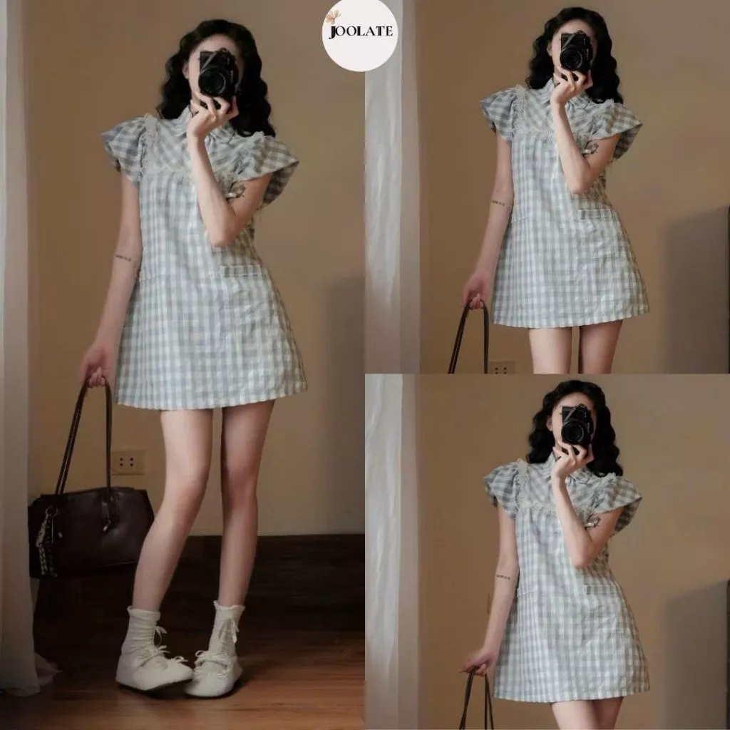 Váy Kẻ Caro Nữ Cổ Sơ Mi Tay Bồng Dáng Suông Tiểu Thư Hàn Quốc Thanh Lịch Dễ Thương Joolate vk1009