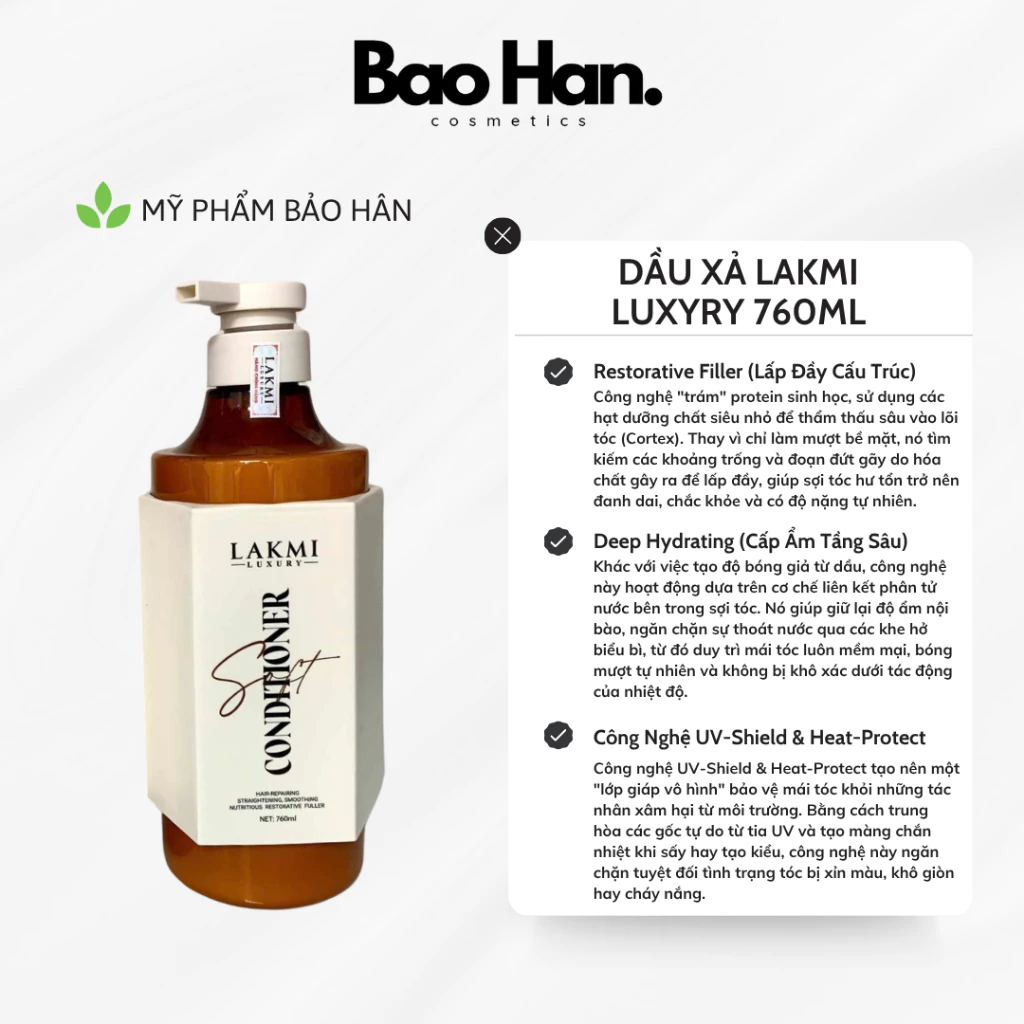 DẦU HẤP/XẢ PHỤC HỒI LAKMI LUXURY 750ML - GIẢI PHÁP CHO TÓC KHÔ XƠ, CHẺ NGỌN, TÁI TẠO SỢI TÓC CHẮC KHỎE TỪ BÊN TRONG