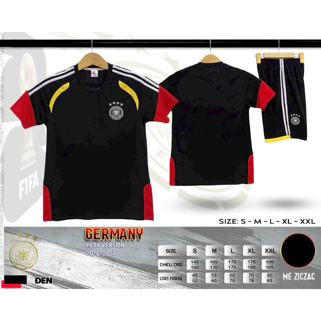 Bộ Quần Áo Đá Banh Đức Đen ĐK  2026 (Nhận In Tên Số) Thun Mè Cao Cấp Logo Thêu Nam Nữ Top Sport
