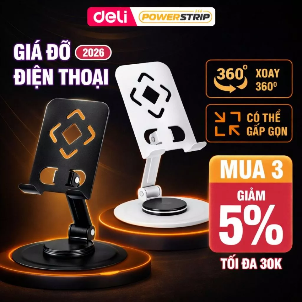 [MUA 3 GIẢM 30%] Giá Đỡ Điện Thoại Deli, Giá Đỡ Máy Tính Bảng Bằng Kim Loại Để Bàn Xoay 360 Độ Hỗ Trợ Livestream Quay Vi