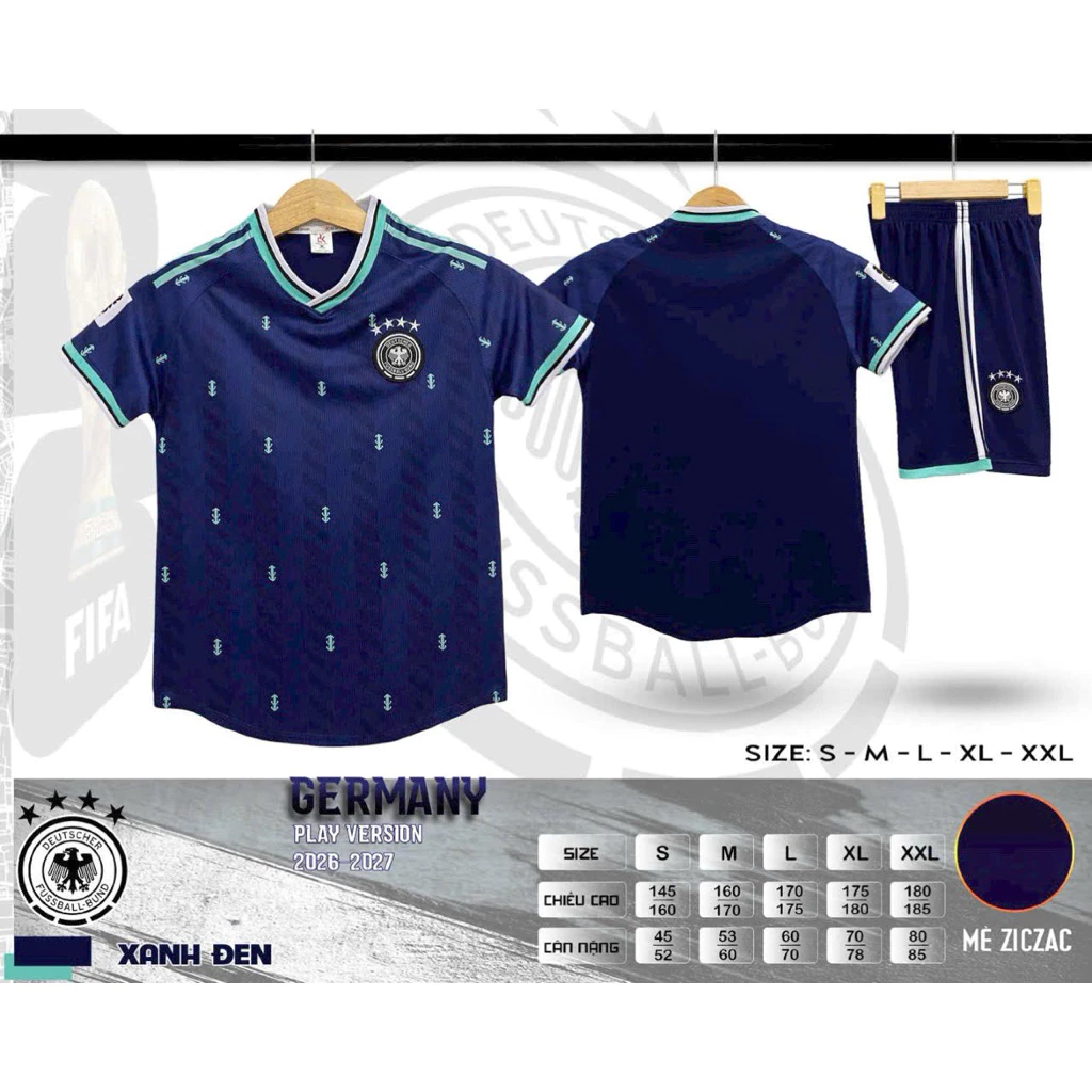 Bộ Quần Áo Đá Banh Đức Xanh Đen ĐK 2026 (Nhận In Tên Số) Thun Mè Cao Cấp Logo Thêu Nam Nữ Top Sport
