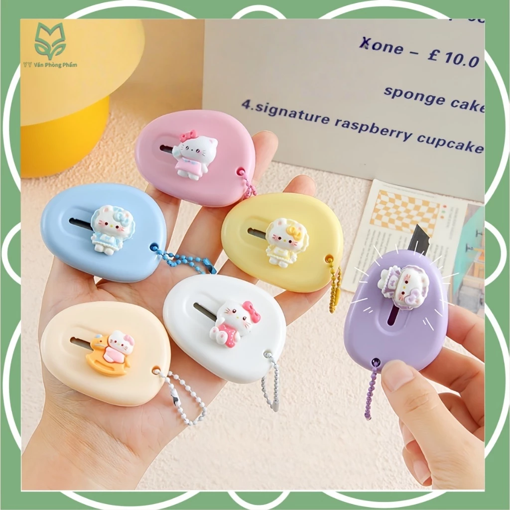 Dao Rọc Giấy Hình Mèo Màu Hồng Có Móc Khóa Dễ Thương, Mở Hàng Tiện Lợi