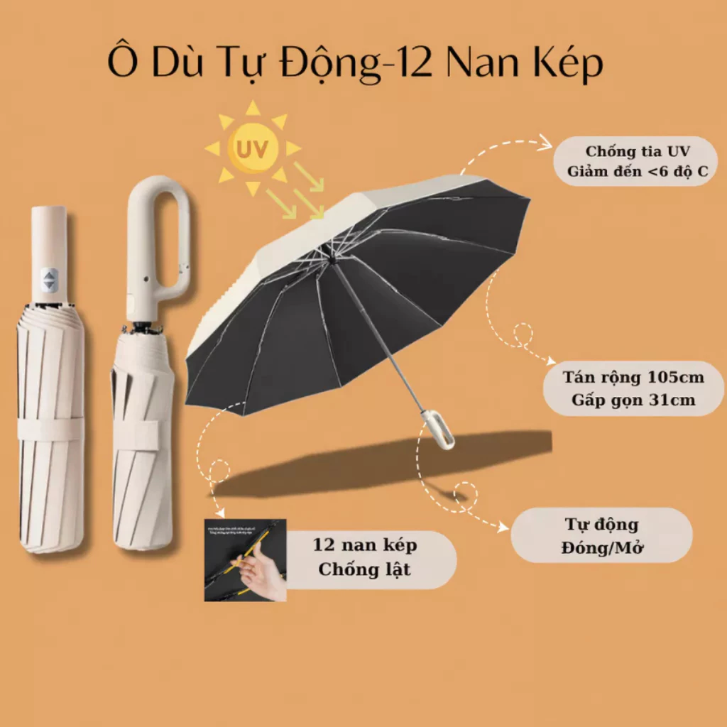 Ô Dù Gấp Gọn Chống UV Khung Thép Chắc Chắn Mở Gấp Bằng Nút Bấm 24 Nan Chống Tia UV