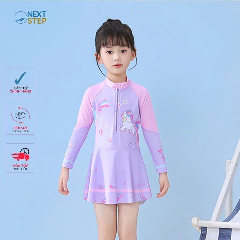 Đồ bơi bé gái tay dài chống nắng chất vải mềm mại chân váy liền quần họa tiết nàng tiên siêu cute