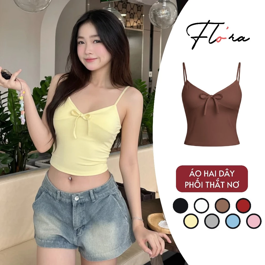 [XẢ HÀNG] Áo HAI DÂY PHỐI THẮT NƠ BORIP LỤA Ôm Body BM06, Áo Thun Nhún Ngực Nữ 2D Kiểu Trơn Flo'ra