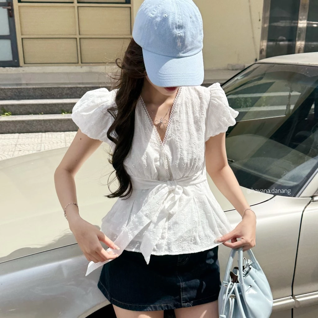 2 Áo kiểu nữ ELLA top thô boil tay bồng cổ V đắp chéo phối cách điệu nơ buộc (HAVANA) AO729 - Áo ELLA TAY BỒNG Siêu Xinh