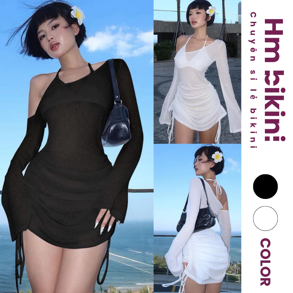 [Sẵn] Combo 3 Mảnh Bikini Gồm Đầm  +Áo+Quần Bikini, Đầm Trễ Vai