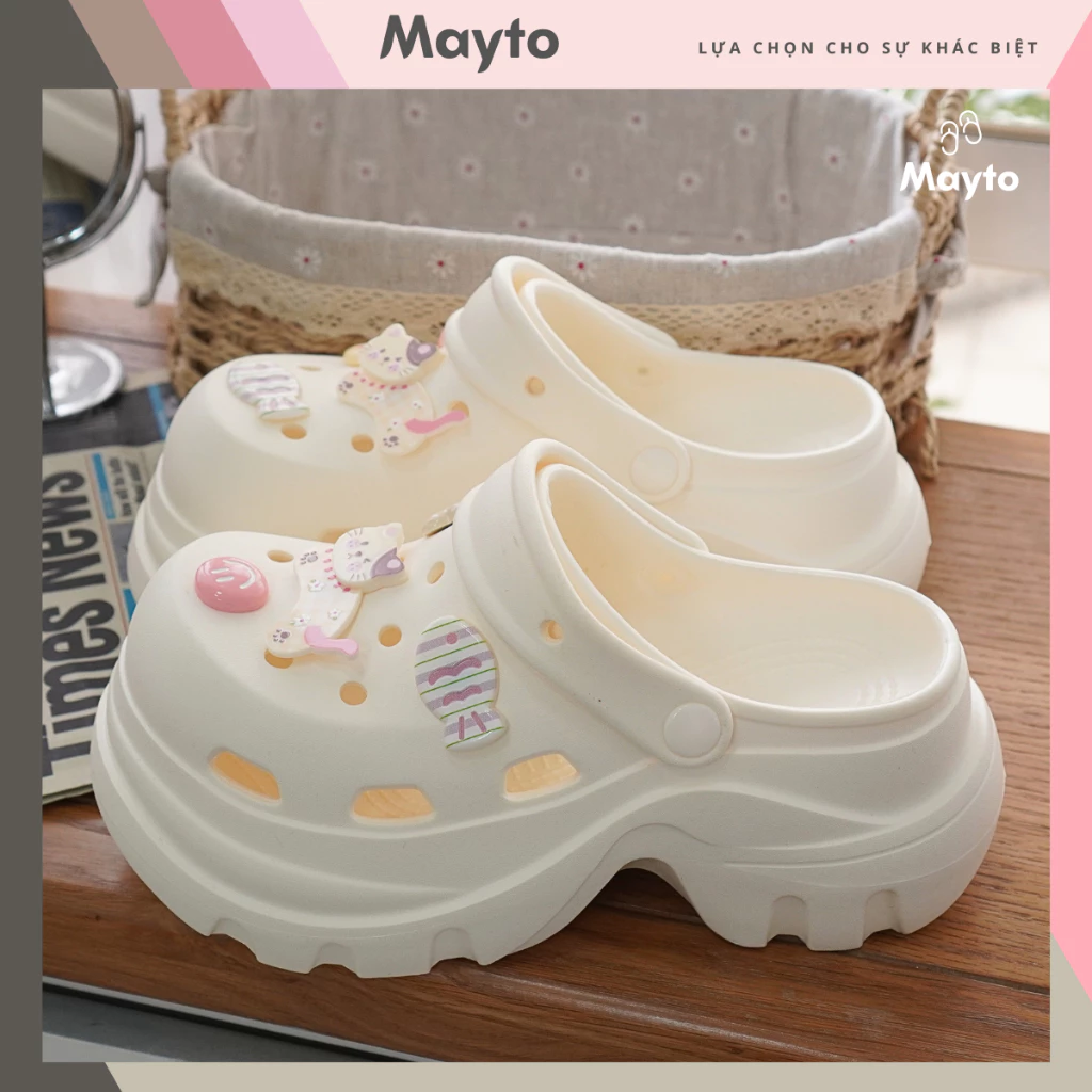 Dép nữ, dép sục Mayto đế cao 7cm Lucky V2 kèm sticker Mèo cá chạy dễ thương có quai hậu CS-266
