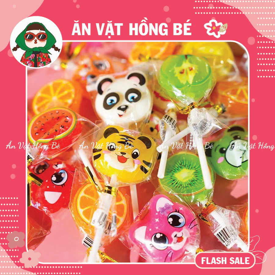 [50 CHIẾC] Kẹo mút trái cây bốn mùa hình gấu, mèo, thỏ, trái cây cute cho bé, đồ ăn vặt