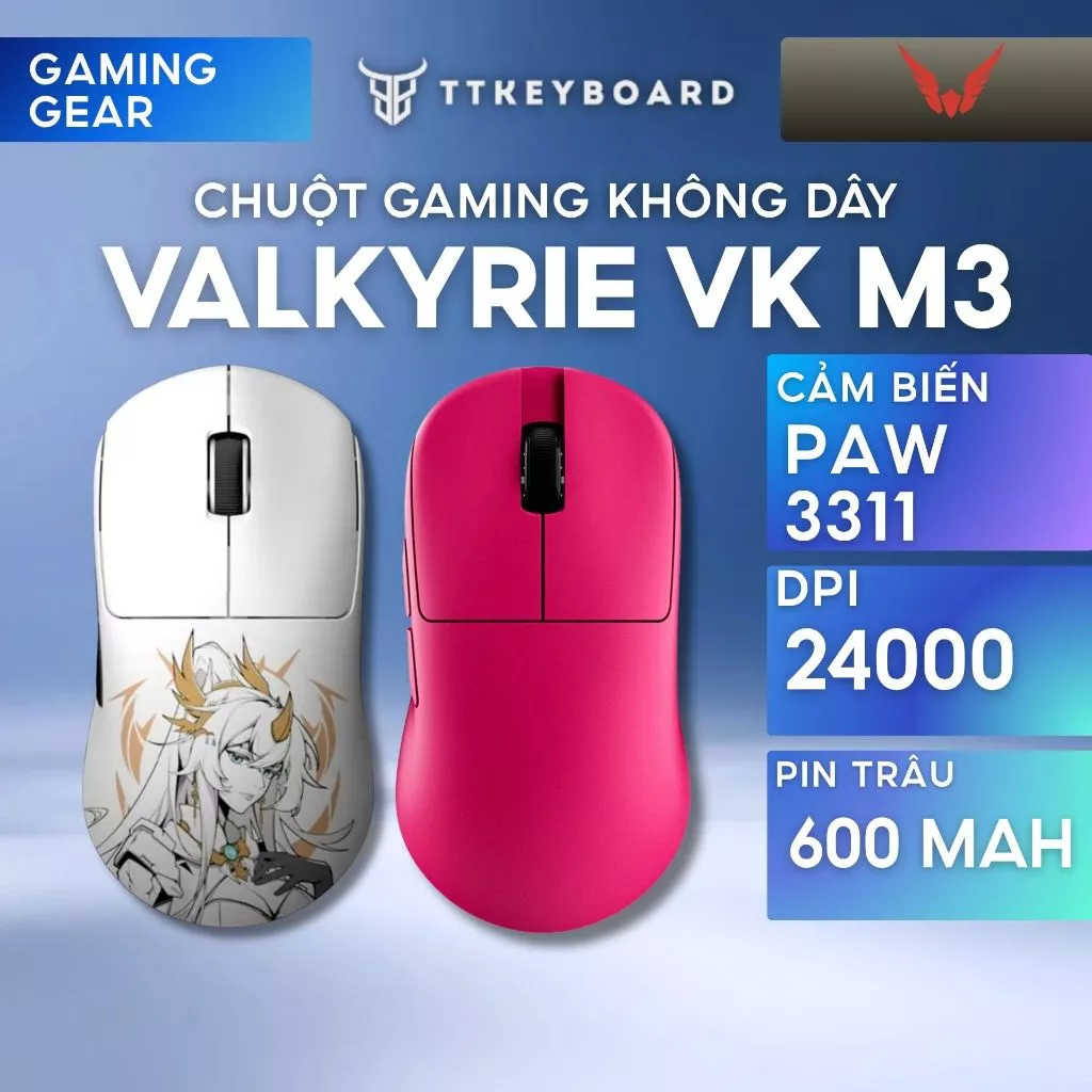 [HỎA TỐC] Chuột Gaming Không Dây Valkyrie VK M3 Lite Siêu Nhẹ 49g PAW3311 DPI 24000 Pin 600mAh