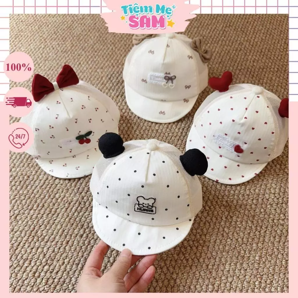 Mũ lưỡi trai sơ sinh phối lưới họa tiết xinh xắn cho bé trai bé gái 0-3 tháng, Bảo vệ đầu bé trong ngày nóng bức MUG03
