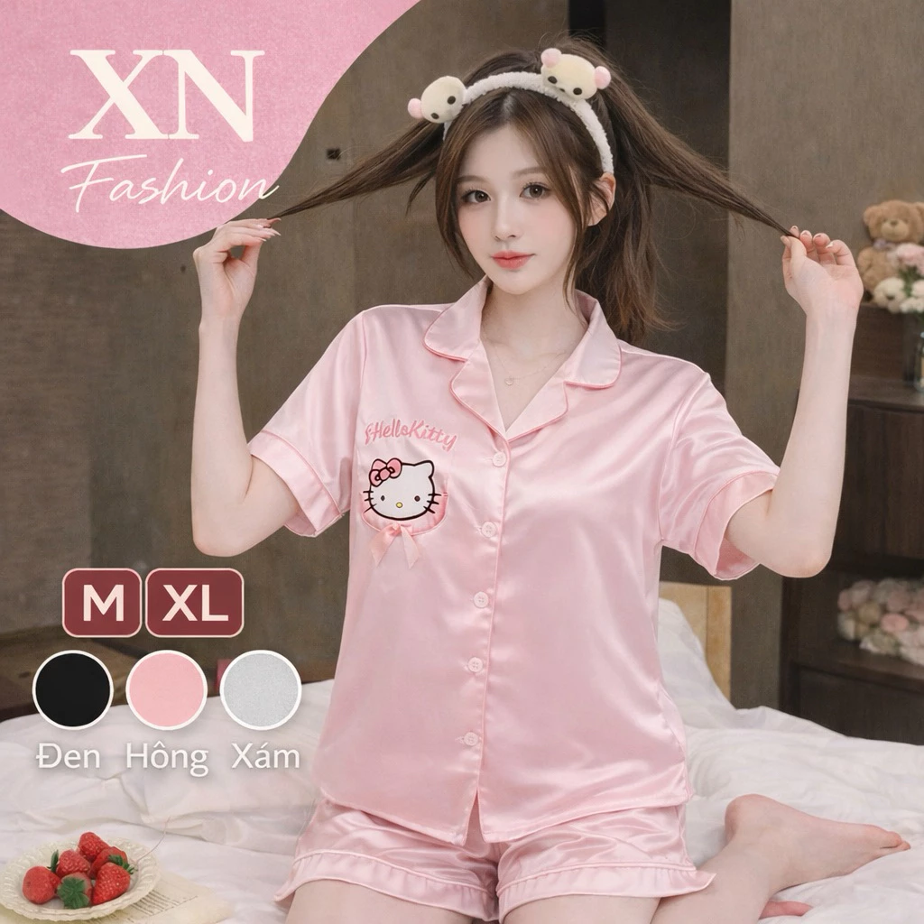 Bộ Ngủ Mèo HeloKit Mặc Mùa Hè Chất Lụa Cao Cấp Có size (40-75kg)